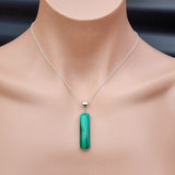 Solid Sterling Silver & Natural Malachite Handmade Rectangle Pendant & Chain Necklace