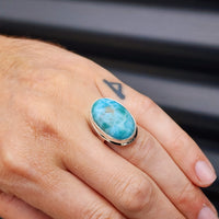 (Q) Solid Sterling Silver & Natural Blue Larimar Handmade Solitaire Ring