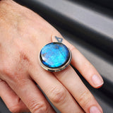 (R) Solid Sterling Silver & Natural Labradorite Round Handmade Solitaire Ring