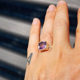 (Q) Solid Sterling Silver & Square Rustic Amethyst Stone Handmade Solitaire Ring