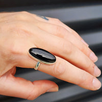 (T) Solid Sterling Silver & Long Oval Black Onyx Handmade Solitaire Ring