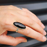 (T) Solid Sterling Silver & Long Oval Black Onyx Handmade Solitaire Ring