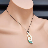 Natural Hand Carved Maori Bone Carving Pendant Necklace - Koru Twist With Paua Inlay