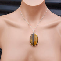 Solid Sterling Silver & Natural Tiger Eye Handmade Oval Pendant & Chain Necklace