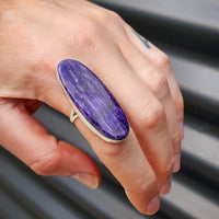 (T) Solid Sterling Silver & Natural Charoite XL Oval Handmade Solitaire Ring