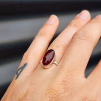 (Q) Solid Sterling Silver & Red Garnet Oval Stone Handmade Solitaire Ring