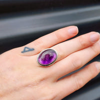 (Q) Solid Sterling Silver & Natural Amethyst Oval Handmade Solitaire Ring