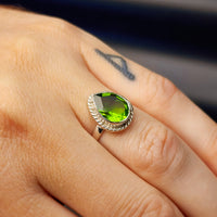 (Q) Solid Sterling Silver & Natural Peridot Handmade Pear Shaped Signet Ring