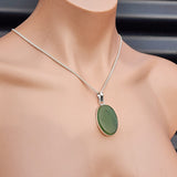 Solid Sterling Silver & Natural Nephrite Greenstone Handmade Oval Pendant Necklace