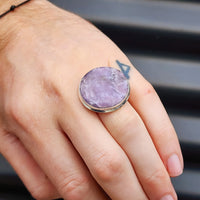 (O) Solid Sterling Silver & Natural Lepidolite Handmade Round Solitaire Ring