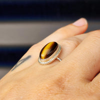 (Q) Solid Sterling Silver & Natural Tigers Eye Oval Handmade Solitaire Ring