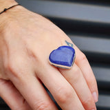 (Q) Solid Sterling Silver & Rustic Natural Blue Quartz Heart Handmade Signet Ring