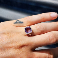 (Q) Solid Sterling Silver & Square Rustic Amethyst Stone Handmade Solitaire Ring