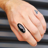 (T) Solid Sterling Silver & Long Oval Black Onyx Handmade Solitaire Ring