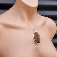 Solid Sterling Silver & Natural Tiger Eye Handmade Oval Pendant & Chain Necklace