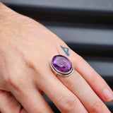 (Q) Solid Sterling Silver & Natural Amethyst Oval Handmade Solitaire Ring