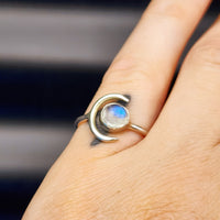 (Q) Solid Sterling Silver Sun & Moonstone Handmade Rustic Ring