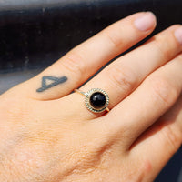 (Q) Solid Sterling Silver & Black Onyx Stone Round Handmade Solitaire Ring