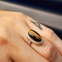 (Q) Solid Sterling Silver & Natural Tigers Eye Oval Handmade Solitaire Ring