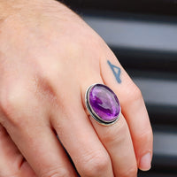 (Q) Solid Sterling Silver & Natural Amethyst Oval Handmade Solitaire Ring