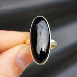 (T) Solid Sterling Silver & Long Oval Black Onyx Handmade Solitaire Ring