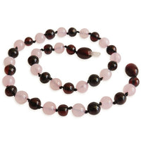 Amber Teething Necklace - Polished Cherry Amber & Rose Quartz