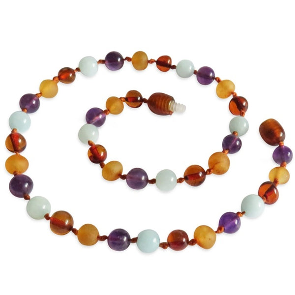 Amber Teething Necklace - Raw Honey, Polished Cognac, Amethyst & Blue Jade