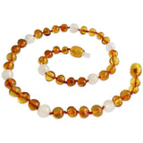 Amber Teething Necklace - Polished Honey & White Quartz