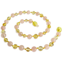 Amber Teething Necklace - Polished Lemon Amber & Rose Quartz